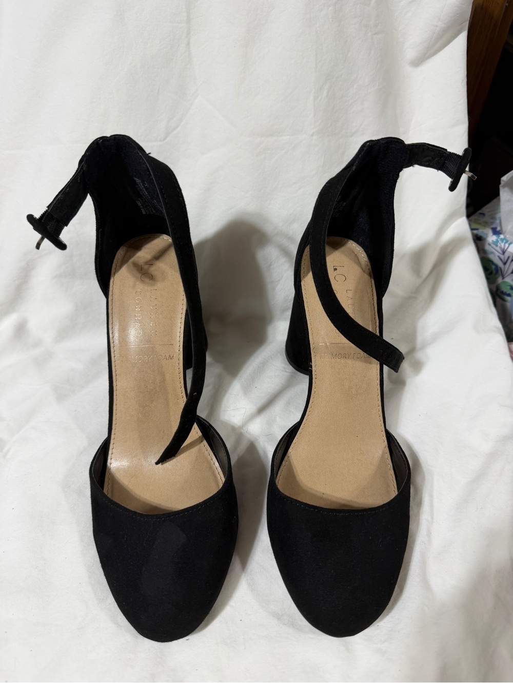 LC Lauren Conrad Black Suede Ankle-Strap Round-Toe Heels